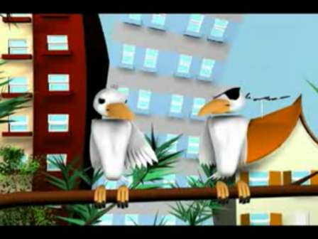 Dois pássaros conversando em um galho com prédios ao fundo